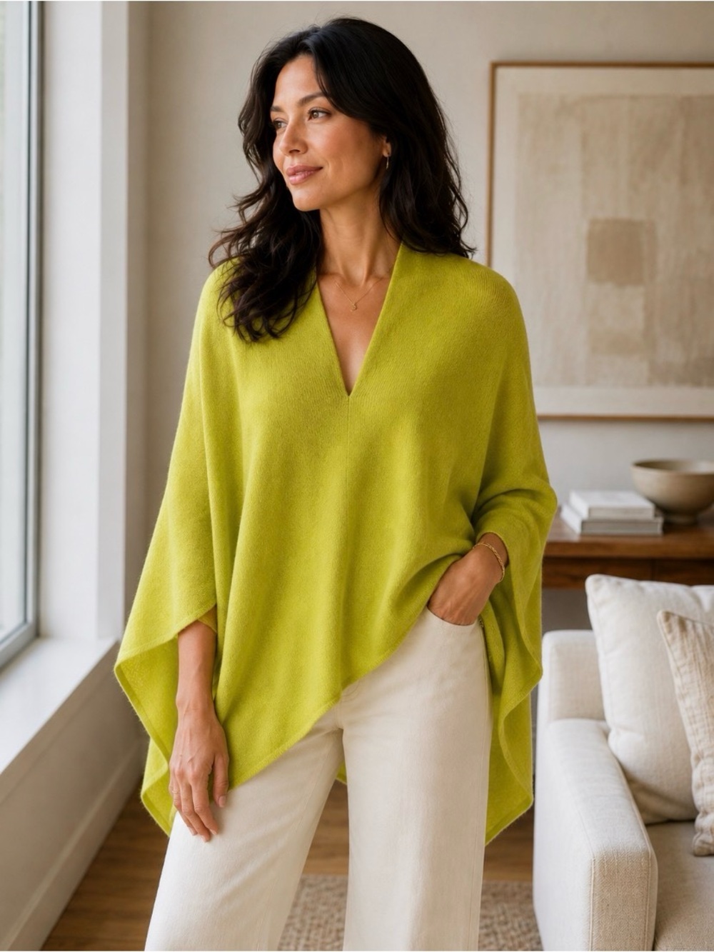 V-Neck Oversized Women's Sweater Poncho in Lime Green